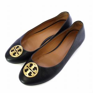 フラットシューズ バレエシューズ ラウンドトゥ ロゴバックル ゴールド金具 レザー 8.5 25.5cm 黒 ブラック