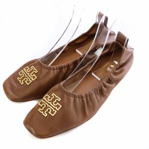 バレエシューズ フラットシューズ スクエアトゥ ロゴ ギャザー レザー 8.5 25.5cm 茶 ブラウン