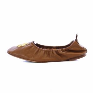 TORY BURCH バレエシューズ フラットシューズ スクエアトゥ ロゴ ギャザー レザー 8.5 25.5cm 茶 ブラウン