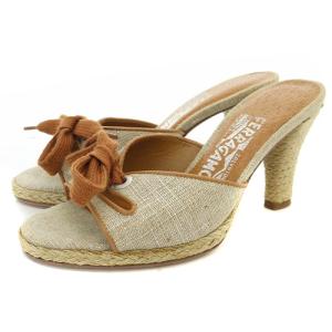 レースアップミュール サンダル リボン 4 21.5cm 茶色 ブラウン グレー