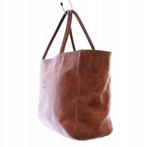 IL BISONTE トートバッグ ハンドバッグ ロゴ型押し 内側ストライプ レザー 茶 ブラウン