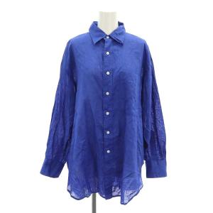 23SS コットンリネンルーズシャツ チュニック丈 長袖 ラウンドスリット 青 ロイヤルブルー