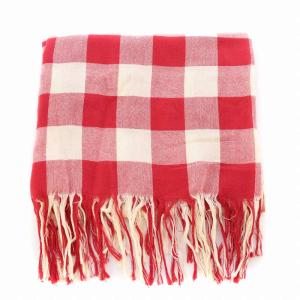 Y's ヨウジヤマモト YOHJI YAMAMOTO ブロックチェックストール ショール フリンジ コットン 赤 レッド