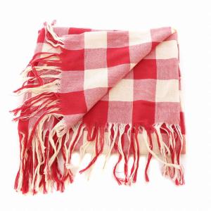 Y's ヨウジヤマモト YOHJI YAMAMOTO ブロックチェックストール ショール フリンジ コットン 赤 レッド