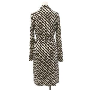 DIANE von FURSTENBERG カシュクールワンピース ラップ シルク ロング ミモレ丈 長袖 総柄 2 黒 ブラック オフホワイト