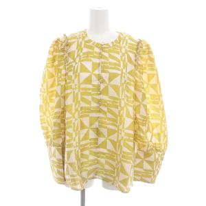 ジオメタリー柄プルオーバーブラウス 長袖 白 ホワイト 黄色 イエロー /MF OS