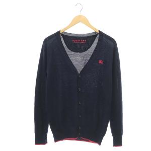 バイカラー カーディガン ニット 長袖 Vネック 刺繍 ウール 2 紺 ピンク ネイビー