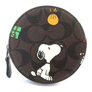 COACH PEANUTS ラウンド コイン ケース シグネチャー キャンバス スヌーピー プレゼンツ プリント 小銭入れ ダークブラウン