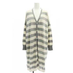 ロングカーディガン ニット 長袖 ボーダー Vネック 薄手 コットン 2 グレー アイボリー /NR OS