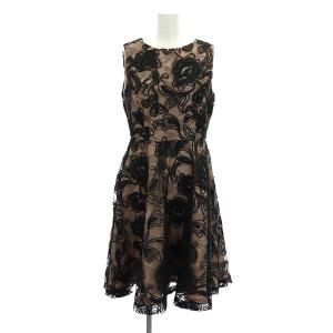 フラワーコードワンピース ひざ丈 ノースリーブ 36 ベージュ 黒 ブラック