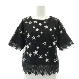 スター刺繍トップス カットソー 半袖 シアー クルーネック 36 黒 ブラック シルバー色