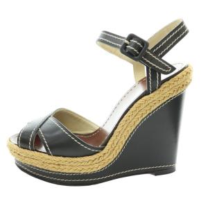 Christian Louboutin サンダル ウェッジソール シューズ アンクルストラップ ステッチ レザー 麻紐 38 25cm 黒 ブラック ベージュ