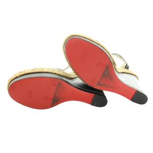 Christian Louboutin サンダル ウェッジソール シューズ アンクルストラップ ステッチ レザー 麻紐 38 25cm 黒 ブラック ベージュ