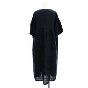 fog linen work ギャザーリネンワンピース ロング Vネック 半袖 紺 ネイビー