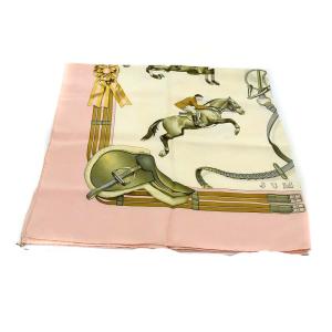 HERMES スカーフ カレ90 JUMPING LEDOUX 乗馬 馬術 シルク アイボリー ピンク