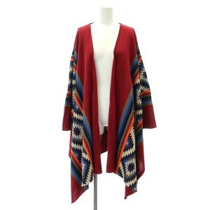 poncho チマヨ柄 ポンチョ ニット リネン混 赤 レッド マルチカラー /DF OS