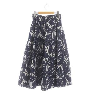 ELENDEEK 22SS リーフ柄ジャガードタックスカート ロング丈 マキシ丈 サイドジップ コットン 01 S 紺 ネイビー 白 ホワイト