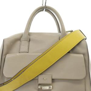 ANYA HINDMARCH ビーチ カーカー レザー ハンドバッグ ショルダーバッグ 2way ロゴ グレージュ 黄色 イエロー