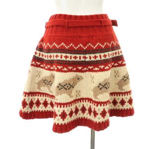 BURBERRY BLUE LABEL ノルディック柄 ニットスカート ミニ フレア ウール ベルト付き 38 赤 アイボリー ベージュ グレー