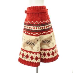 BURBERRY BLUE LABEL ノルディック柄 ニットスカート ミニ フレア ウール ベルト付き 38 赤 アイボリー ベージュ グレー