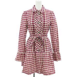 ギンガムチェックステンカラーコート フリル ペプラム ウエストリボン ミドル 38 M 紫 パープル アイボリー