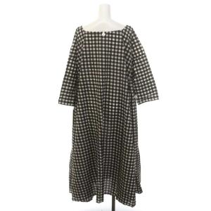 HOUSE OF LOTUS コットンチェックスクエアギャザーワンピース ロング 七分袖 M 白 黒 グレー