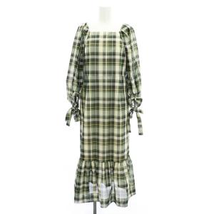 22SS チェックオーガンワンピース ミモレ ロング 長袖 スクエアネック シアー シースルー 38 M グレー 白 ホワイト