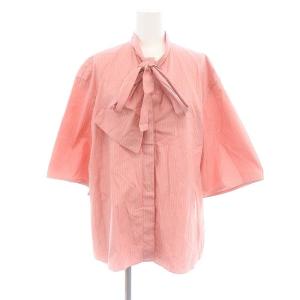 PRE2 コットンストライプ リボンブラウス 七分袖 38 ピンク /HK OS