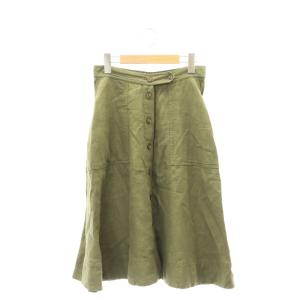 フロントボタンリネンフレアスカート ミモレ ロング 2 M カーキ