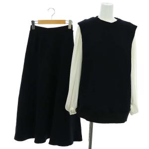 セットアップ 3点セット ブラウス 長袖 スウェットベスト スカート ロング マキシ丈 フレア S 黒 白 ブラック ホワイト