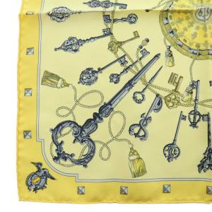HERMES カレ45 LES CLES プチカレ ガヴロッシュ スカーフ 鍵柄 絹 シルク 黄 イエロー