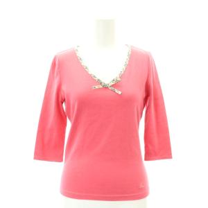 ノバチェック リボン 七分袖カットソー Vネック M ピンク