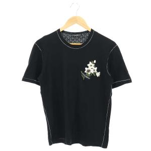 フラワー刺繍 ロゴ アウトステッチ Tシャツ カットソー 半袖 44 黒 ブラック G8IH1Z