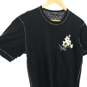DOLCE&GABBANA フラワー刺繍 ロゴ アウトステッチ Tシャツ カットソー 半袖 44 黒 ブラック G8IH1Z