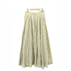 ebure 22SS リネン ストライプ フレアスカート ギャザー ロング ボリューム 38 ライトカーキ 白 ホワイト