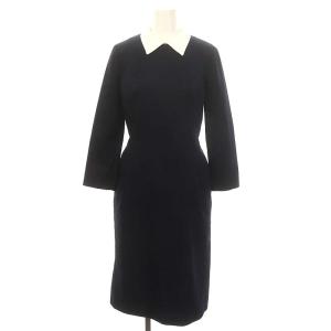 襟付きタイトワンピース 長袖 ロング 34 濃紺 白 ダークネイビー ホワイト