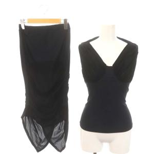 ギャザーデザイン トップス カットソー ノースリーブ タイトスカート ロング 1 黒 ブラック