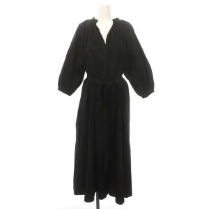 コットン バルーンスリーブ ギャザー ロングワンピース マキシ丈 七分袖 ウエストリボン付き 34 黒