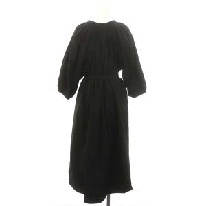 CYCLAS コットン バルーンスリーブ ギャザー ロングワンピース マキシ丈 七分袖 ウエストリボン付き 34 黒