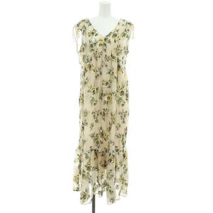 24SS エスニックフラワー刺繍ワンピース ロング ノースリーブ 花柄 インナー付き 36 ベージュ イエロー