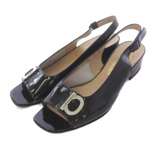 パンプス バックストラップ オープントゥ ガンチーニ エナメル 7C 24.5cm 黒 ブラック