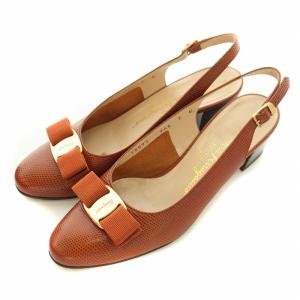 Vara ヴァラ パンプス ストラップ ラウンドトゥ チャンキーヒール レザー リボン 装飾 ロゴ 7 24.5cm 茶 ブラウン