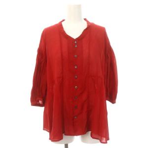 パフスリーブブラウス七分袖 バンドカラー チュニック丈 シルク混 1 赤 レッド /MI OS SH
