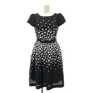 22年製 ワンピース 半袖 ミモレ ロング 小花柄 ベルト付き 36 黒 白 ブラック ホワイト