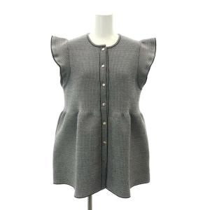 ペプラム フリルスリーブ ジャカード ニットベスト 前開き 黒 ブラック