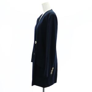 Max Mara Vネックダブルボタンロングジャケット ノーカラー 総裏地 ウール 42 紺 ネイビー
