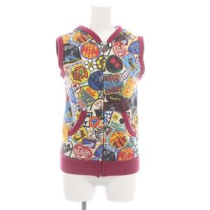 GRUNGE POPS ステッカーデザイン ニットベスト フード 総柄 ラメ ジップアップ アンゴラ混