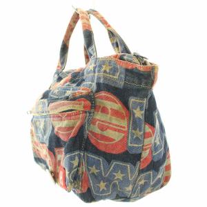 HYSTERIC GLAMOUR ハンドバッグ デニム シャララ柄 総柄 缶バッチ ロゴ 刺繍 マルチカラー