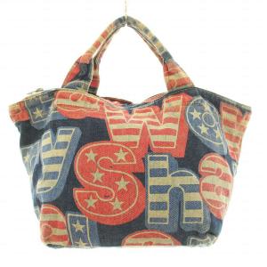 HYSTERIC GLAMOUR ハンドバッグ デニム シャララ柄 総柄 缶バッチ ロゴ 刺繍 マルチカラー
