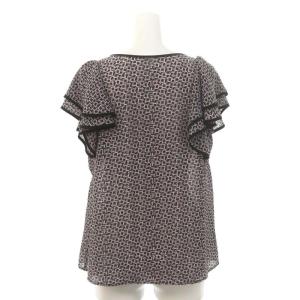 ANAYI 23SS スクエアジオメトリックプリントブラウス プルオーバー 半袖 フレアスリーブ パイピング 総柄 リボン 6 紫 黒